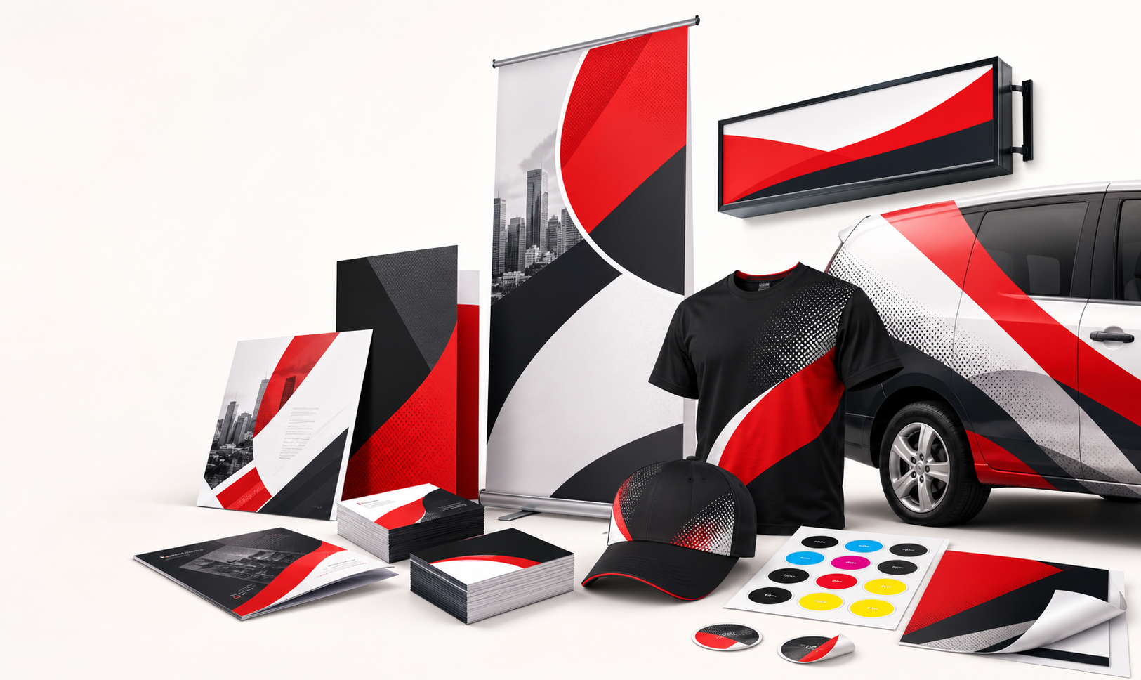 Printed products including cards, flyers, clothing and signage